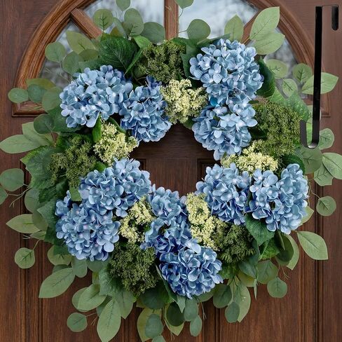 BLOSMON Hydrangea Wreaths for Front Door: 26 Inch Summer Spring Wreath Decorations for Home Outdoor Indoor - Dusty Blue Flower Wreath with Hanger for Outside All Season Wall Window Decor in Saudi Arabia