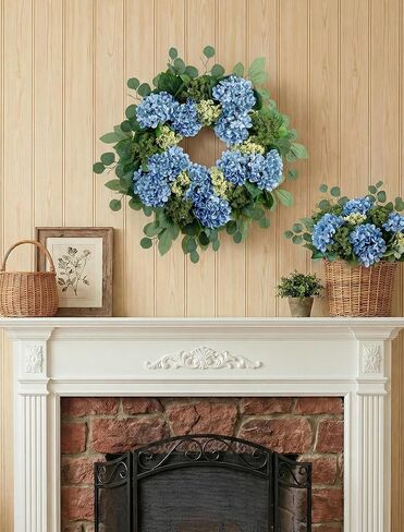 BLOSMON Hydrangea Wreaths for Front Door: 26 Inch Summer Spring Wreath Decorations for Home Outdoor Indoor - Dusty Blue Flower Wreath with Hanger for Outside All Season Wall Window Decor in Saudi Arabia