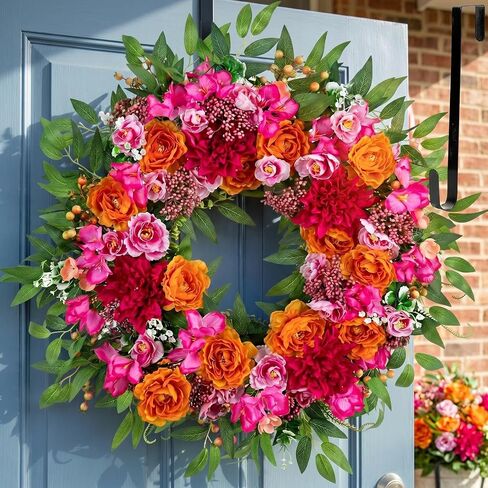 BLOSMON Hydrangea Wreaths for Front Door: 26 Inch Summer Spring Wreath Decorations for Home Outdoor Indoor - Dusty Blue Flower Wreath with Hanger for Outside All Season Wall Window Decor in Saudi Arabia