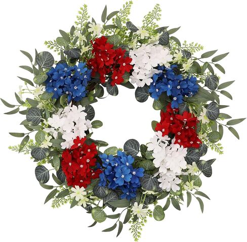 4th of July Patriotic Wreath, 24 Inch Front Door Wreath with Red White Blue Hydrangea Flowers and Eucalyptus, Independence Day Farmhouse Decor for Indoor Outdoor in Kuwait