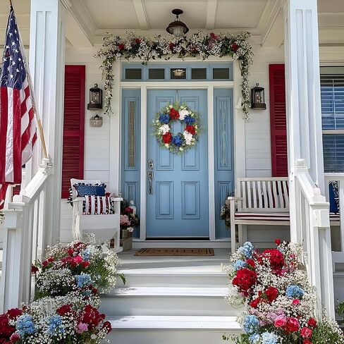 4th of July Patriotic Wreath, 24 Inch Front Door Wreath with Red White Blue Hydrangea Flowers and Eucalyptus, Independence Day Farmhouse Decor for Indoor Outdoor in Kuwait