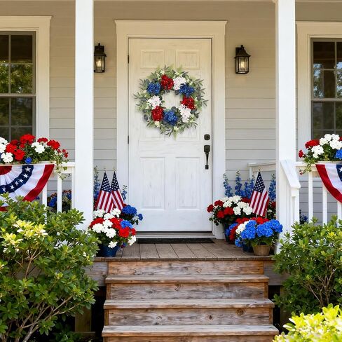 4th of July Patriotic Wreath, 24 Inch Front Door Wreath with Red White Blue Hydrangea Flowers and Eucalyptus, Independence Day Farmhouse Decor for Indoor Outdoor in Kuwait