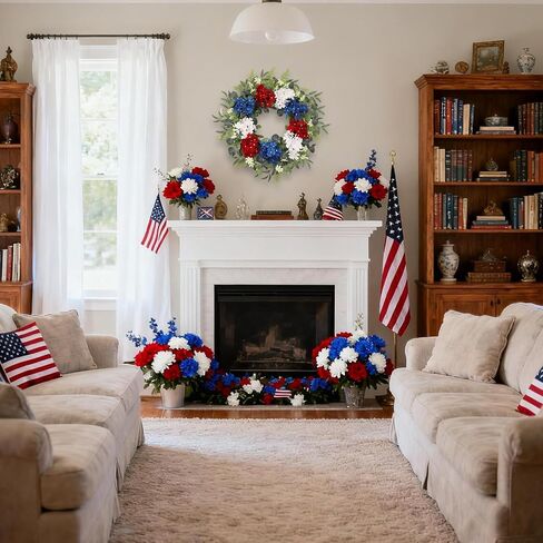 4th of July Patriotic Wreath, 24 Inch Front Door Wreath with Red White Blue Hydrangea Flowers and Eucalyptus, Independence Day Farmhouse Decor for Indoor Outdoor in Kuwait
