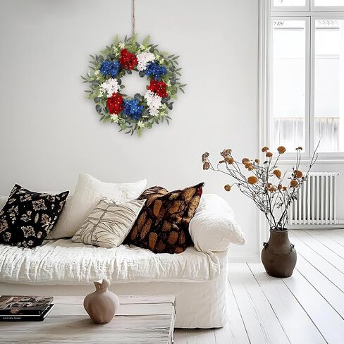 4th of July Patriotic Wreath, 24 Inch Front Door Wreath with Red White Blue Hydrangea Flowers and Eucalyptus, Independence Day Farmhouse Decor for Indoor Outdoor in Kuwait