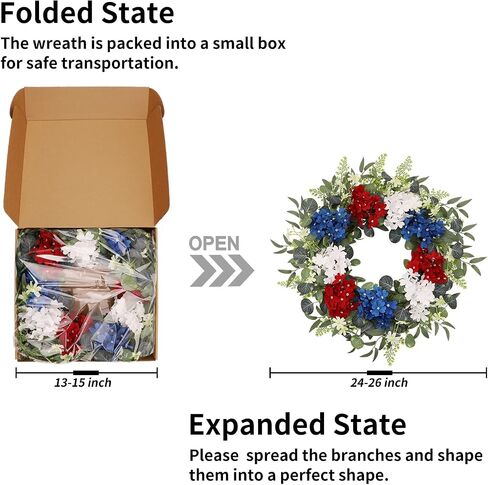 4th of July Patriotic Wreath, 24 Inch Front Door Wreath with Red White Blue Hydrangea Flowers and Eucalyptus, Independence Day Farmhouse Decor for Indoor Outdoor in Kuwait