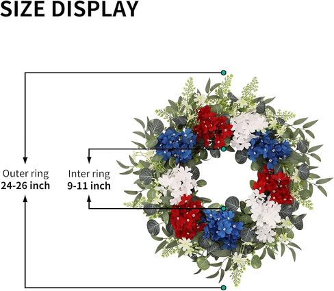 4th of July Patriotic Wreath, 24 Inch Front Door Wreath with Red White Blue Hydrangea Flowers and Eucalyptus, Independence Day Farmhouse Decor for Indoor Outdoor in Kuwait