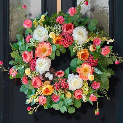 24 Inch Spring Wreaths for Front Door Outside,Handcrafted Spring Door Wreath with Roses,Eucalyptus Greener y& Bird Nest Eggs,Luxury Summer Wreaths for Front Door for Porch Home Wall Window in Saudi Arabia