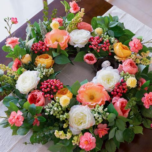 24 Inch Spring Wreaths for Front Door Outside,Handcrafted Spring Door Wreath with Roses,Eucalyptus Greener y& Bird Nest Eggs,Luxury Summer Wreaths for Front Door for Porch Home Wall Window in Saudi Arabia