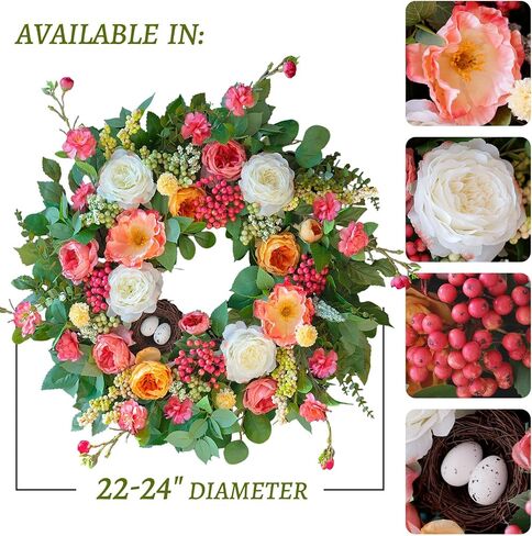 24 Inch Spring Wreaths for Front Door Outside,Handcrafted Spring Door Wreath with Roses,Eucalyptus Greener y& Bird Nest Eggs,Luxury Summer Wreaths for Front Door for Porch Home Wall Window in Saudi Arabia
