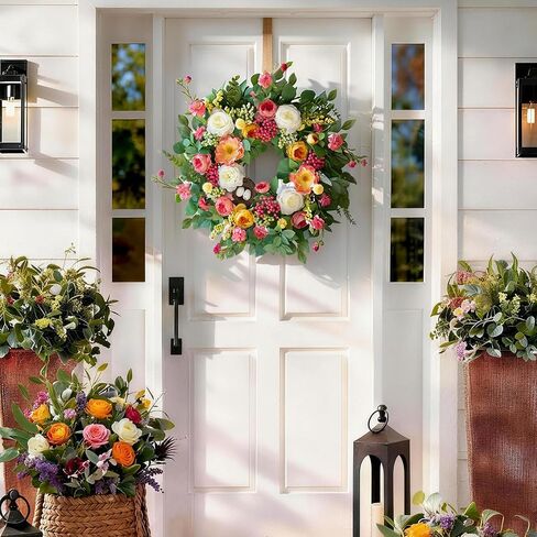 24 Inch Spring Wreaths for Front Door Outside,Handcrafted Spring Door Wreath with Roses,Eucalyptus Greener y& Bird Nest Eggs,Luxury Summer Wreaths for Front Door for Porch Home Wall Window in Saudi Arabia