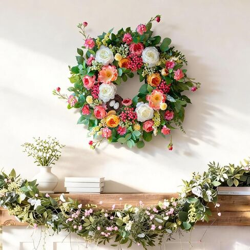 24 Inch Spring Wreaths for Front Door Outside,Handcrafted Spring Door Wreath with Roses,Eucalyptus Greener y& Bird Nest Eggs,Luxury Summer Wreaths for Front Door for Porch Home Wall Window in Saudi Arabia
