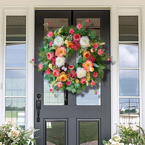 24 Inch Spring Wreaths for Front Door Outside,Handcrafted Spring Door Wreath with Roses,Eucalyptus Greener y& Bird Nest Eggs,Luxury Summer Wreaths for Front Door for Porch Home Wall Window in Saudi Arabia