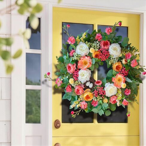 24 Inch Spring Wreaths for Front Door Outside,Handcrafted Spring Door Wreath with Roses,Eucalyptus Greener y& Bird Nest Eggs,Luxury Summer Wreaths for Front Door for Porch Home Wall Window in Saudi Arabia