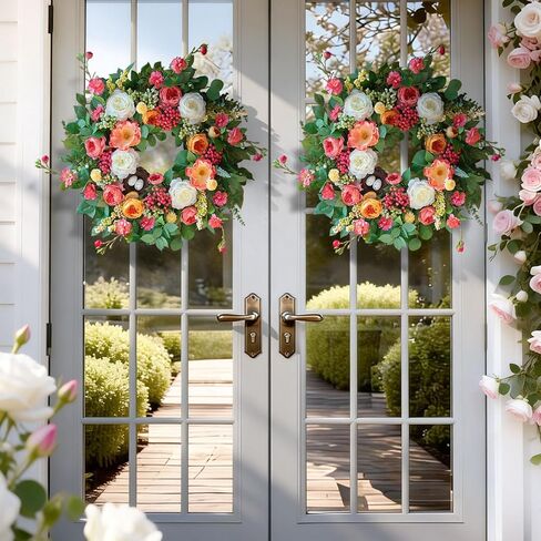 24 Inch Spring Wreaths for Front Door Outside,Handcrafted Spring Door Wreath with Roses,Eucalyptus Greener y& Bird Nest Eggs,Luxury Summer Wreaths for Front Door for Porch Home Wall Window in Saudi Arabia