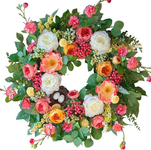 24 Inch Spring Wreaths for Front Door Outside,Handcrafted Spring Door Wreath with Roses,Eucalyptus Greener y& Bird Nest Eggs,Luxury Summer Wreaths for Front Door for Porch Home Wall Window in Saudi Arabia