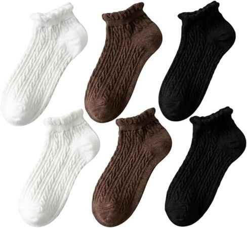 6 Pairs Ruffle Socks Women, Frilly Cotton Cable Knit Cute Dress Ankle Socks, Soft Breathable Casual with Low Cut (5-9) in Saudi Arabia