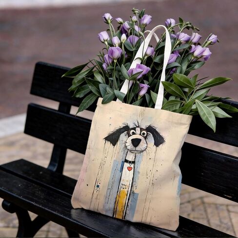 BIDODABADIl Whimsical Dog Tote Bag - Whimsical Funny Dog Gifts Canvas Tote Bag, Abstract Scruffy Puppy Bags, 14.9x14.5 Inch in Kuwait