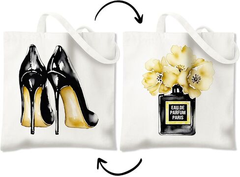 BIDODABADIl Black and Gold Tote Bag - Preppy Perfume High Heels Canvas Tote Bag, Black and Gold Hostess Gift Canvas Shopping Bags, 14.9x14.5 Inch in Kuwait