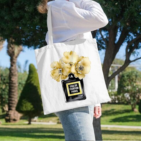 BIDODABADIl Black and Gold Tote Bag - Preppy Perfume High Heels Canvas Tote Bag, Black and Gold Hostess Gift Canvas Shopping Bags, 14.9x14.5 Inch in Kuwait