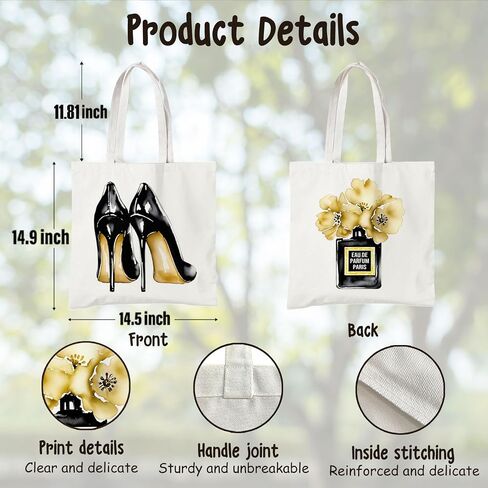 BIDODABADIl Black and Gold Tote Bag - Preppy Perfume High Heels Canvas Tote Bag, Black and Gold Hostess Gift Canvas Shopping Bags, 14.9x14.5 Inch in Kuwait