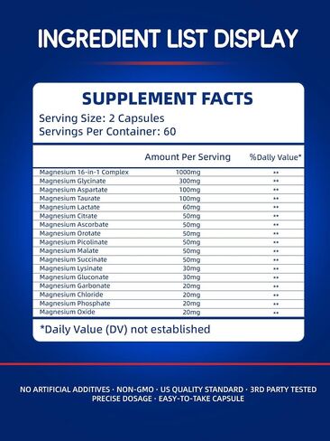 1000mg Magnesium Complex for Women & Men, 16 in 1 High Absorption | Glycinate, Citrate, Malate, Taurate | Sleep, Nerve, Heart, Bone, Muscle & Energy | Non-GMO, Gluten-Free, 120 Capsules in Kuwait
