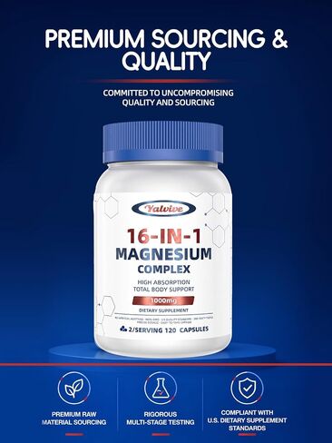 1000mg Magnesium Complex for Women & Men, 16 in 1 High Absorption | Glycinate, Citrate, Malate, Taurate | Sleep, Nerve, Heart, Bone, Muscle & Energy | Non-GMO, Gluten-Free, 120 Capsules in Kuwait