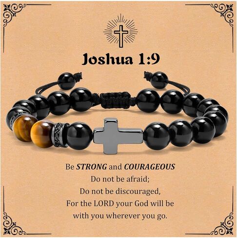 MEALGUET Black Cross Bracelet for Boys : Natural Gemstone Beaded Men's Religious Cross Bracelet for Boys Teenage Christian Gifts Confirmation Baptism to Son Grandson Nephew in Kuwait