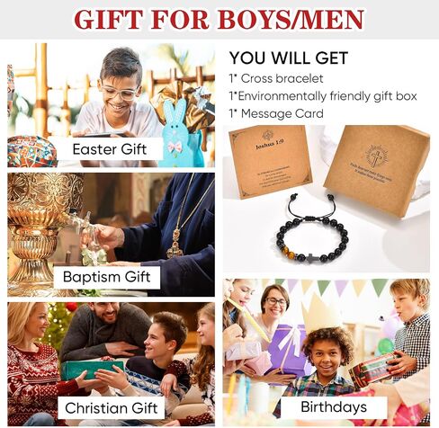 MEALGUET Black Cross Bracelet for Boys : Natural Gemstone Beaded Men's Religious Cross Bracelet for Boys Teenage Christian Gifts Confirmation Baptism to Son Grandson Nephew in Kuwait