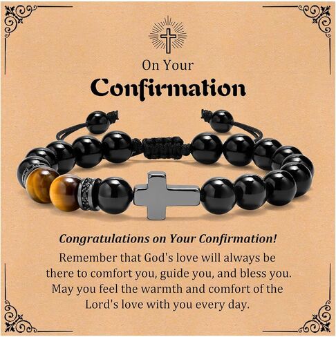 MEALGUET Black Cross Bracelet for Boys : Natural Gemstone Beaded Men's Religious Cross Bracelet for Boys Teenage Christian Gifts Confirmation Baptism to Son Grandson Nephew in Kuwait