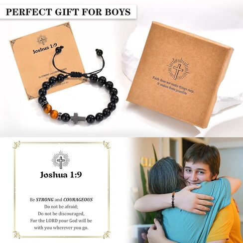 MEALGUET Black Cross Bracelet for Boys : Natural Gemstone Beaded Men's Religious Cross Bracelet for Boys Teenage Christian Gifts Confirmation Baptism to Son Grandson Nephew in Kuwait
