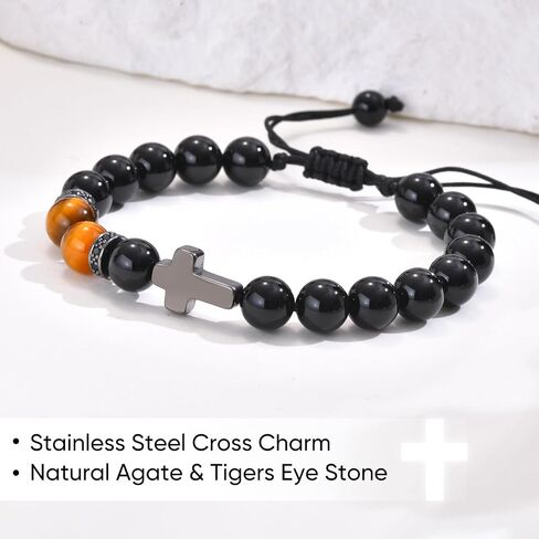 MEALGUET Black Cross Bracelet for Boys : Natural Gemstone Beaded Men's Religious Cross Bracelet for Boys Teenage Christian Gifts Confirmation Baptism to Son Grandson Nephew in Kuwait