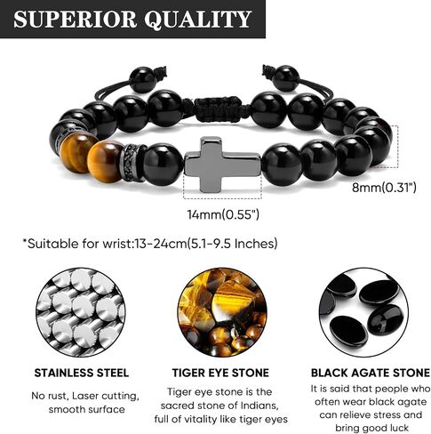 MEALGUET Black Cross Bracelet for Boys : Natural Gemstone Beaded Men's Religious Cross Bracelet for Boys Teenage Christian Gifts Confirmation Baptism to Son Grandson Nephew in Kuwait