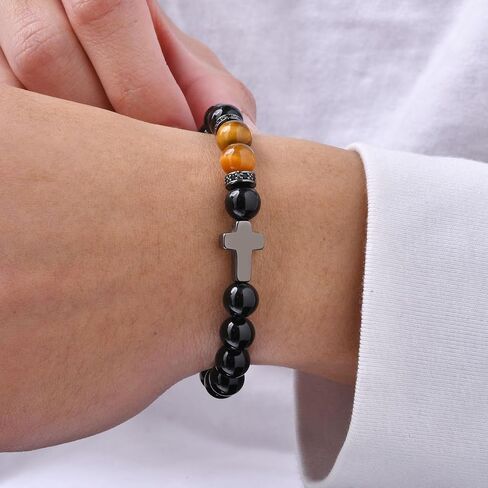 MEALGUET Black Cross Bracelet for Boys : Natural Gemstone Beaded Men's Religious Cross Bracelet for Boys Teenage Christian Gifts Confirmation Baptism to Son Grandson Nephew in Kuwait