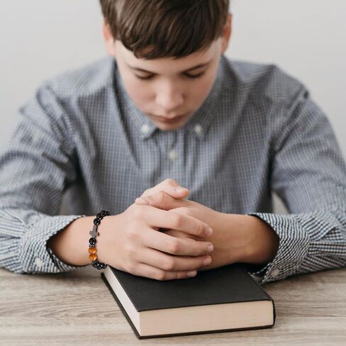 MEALGUET Black Cross Bracelet for Boys : Natural Gemstone Beaded Men's Religious Cross Bracelet for Boys Teenage Christian Gifts Confirmation Baptism to Son Grandson Nephew in Kuwait