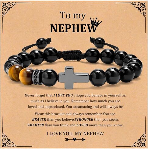 MEALGUET Black Cross Bracelet for Boys : Natural Gemstone Beaded Men's Religious Cross Bracelet for Boys Teenage Christian Gifts Confirmation Baptism to Son Grandson Nephew in Kuwait
