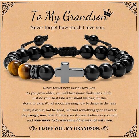MEALGUET Black Cross Bracelet for Boys : Natural Gemstone Beaded Men's Religious Cross Bracelet for Boys Teenage Christian Gifts Confirmation Baptism to Son Grandson Nephew in Kuwait