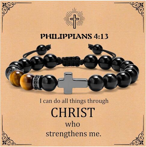 MEALGUET Black Cross Bracelet for Boys : Natural Gemstone Beaded Men's Religious Cross Bracelet for Boys Teenage Christian Gifts Confirmation Baptism to Son Grandson Nephew in Kuwait