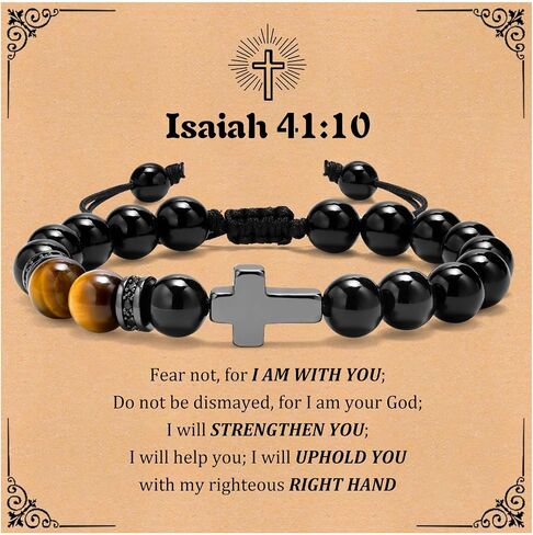MEALGUET Black Cross Bracelet for Boys : Natural Gemstone Beaded Men's Religious Cross Bracelet for Boys Teenage Christian Gifts Confirmation Baptism to Son Grandson Nephew in Kuwait