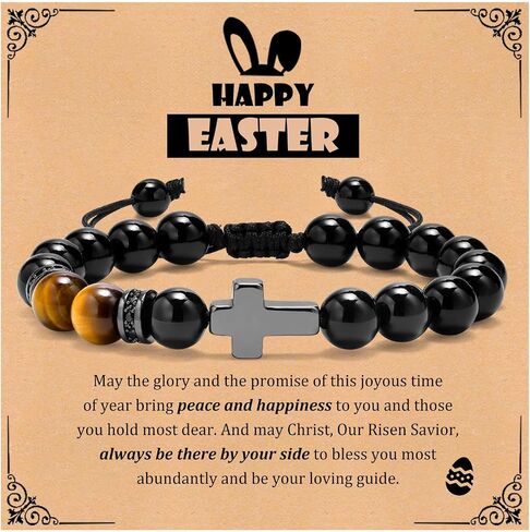 MEALGUET Black Cross Bracelet for Boys : Natural Gemstone Beaded Men's Religious Cross Bracelet for Boys Teenage Christian Gifts Confirmation Baptism to Son Grandson Nephew in Kuwait