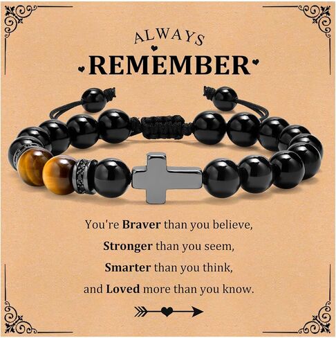 MEALGUET Black Cross Bracelet for Boys : Natural Gemstone Beaded Men's Religious Cross Bracelet for Boys Teenage Christian Gifts Confirmation Baptism to Son Grandson Nephew in Kuwait
