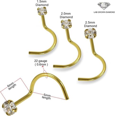 2.5mm Lab Grown Diamond Top 9K Solid Yellow Gold 22 Gauge Corkscrew Twist Nose Screw - Tiny Nose Stud - Diamond Nose Piercing Body Jewelry in Saudi Arabia
