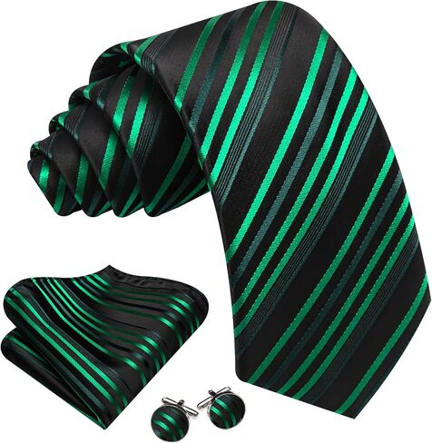 Black Green Tie Sets for Man Striped Checkered Neckties Solid Handkerchief Cufflinks Pocket Square Wedding Formal Business in Kuwait