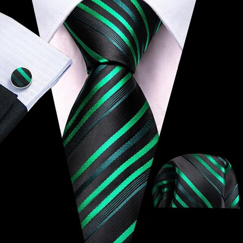 Black Green Tie Sets for Man Striped Checkered Neckties Solid Handkerchief Cufflinks Pocket Square Wedding Formal Business in Kuwait
