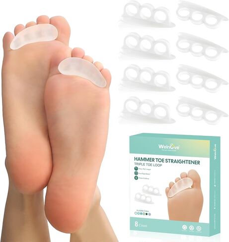 Welnove Hammer Toe Straightener Toe Corrector for Women - 8 Pcs Hammer Toe Cushion Pads for Bent, Crooked, Curled, Claw, and Hammer Toes - Soft Support and Realignment(Clear, 3 Loop Design) in Kuwait