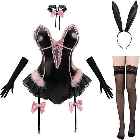 CR ROLECOS Bunny Costume Adult Women Bunny Suit Cosplay Bodysuit Outfit with Headband Stockings in Kuwait
