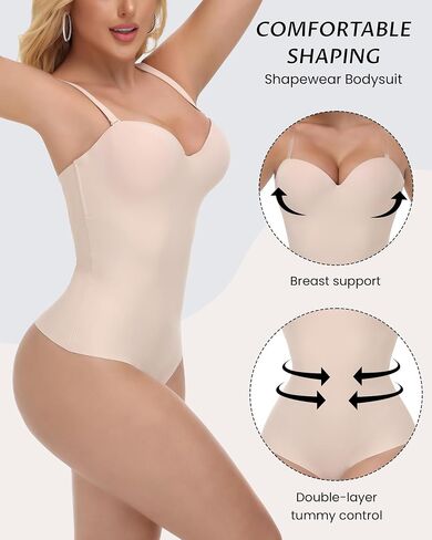 SHAPESHE Strapless Shapewear Bodysuit for Women Seamless Tummy Control Thong Body Shaper Built-in Bra V Neck Corset in Kuwait