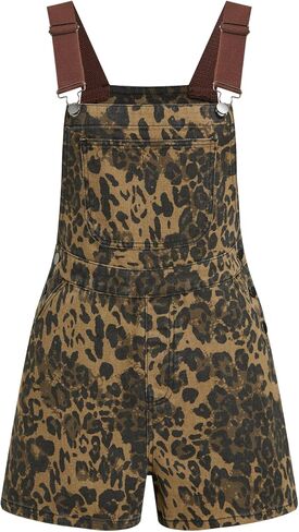 CIDER Leopard Overall Shorts for Women Denim Romper with Pockets Adjustable Straps Loose Jean Jumpsuit Casual Summer Outfits in Kuwait
