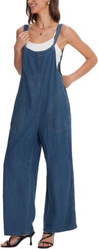 D-Sun Women's Denim Overalls Wide Leg Jumpsuit Casual Adjustable Strap Tie Back Backless Jean Rompers with Pockets in Saudi Arabia