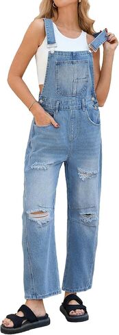 YEXPINE Womens Ripped Denim Overalls Barrel Leg Baggy Loose Fit Bib Jumpsuit Y2K Wide Leg Pants with Pockets in Kuwait