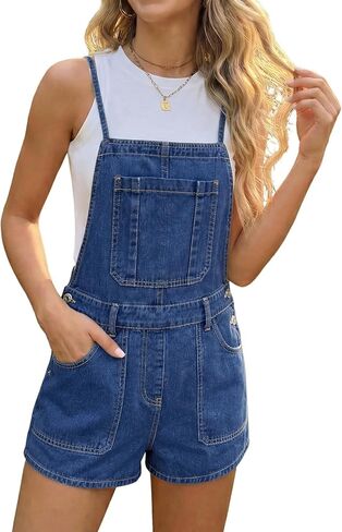 Denim Overall Shorts for Women Jean Romper Shortalls Casual Adjustable Straps Bib Denim Short Overalls with Pockets in Kuwait